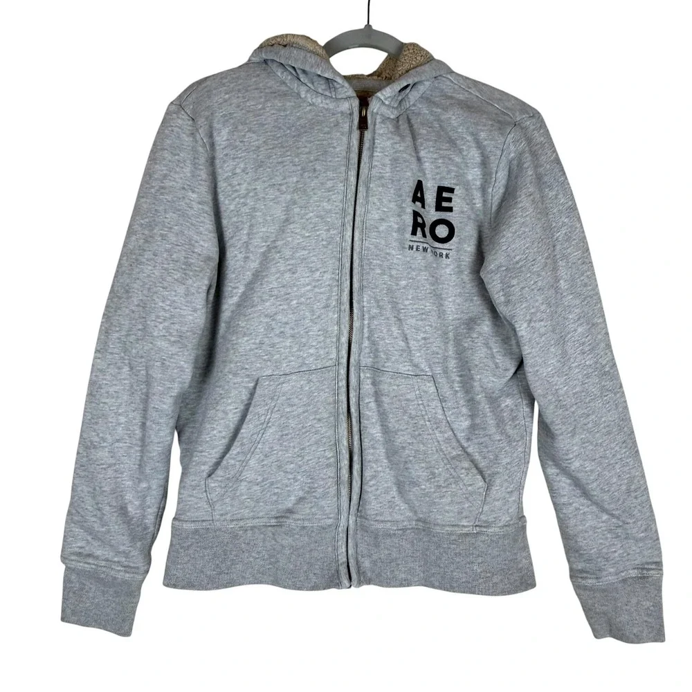 Aeropostale Hoodie Sweatshirt Kids Small Gray Full Zip Sherpa Fleece Lined Logo